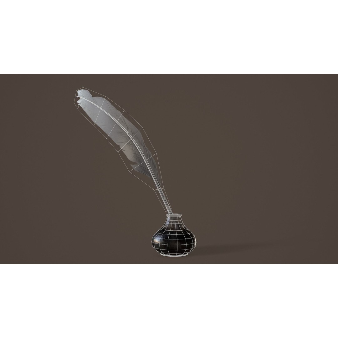Quill and Glass Inkpot 3D Model – Low Poly PBR Game Asset, FBX