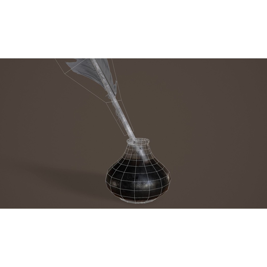 Quill and Glass Inkpot 3D Model – Low Poly PBR Game Asset, FBX - View 16