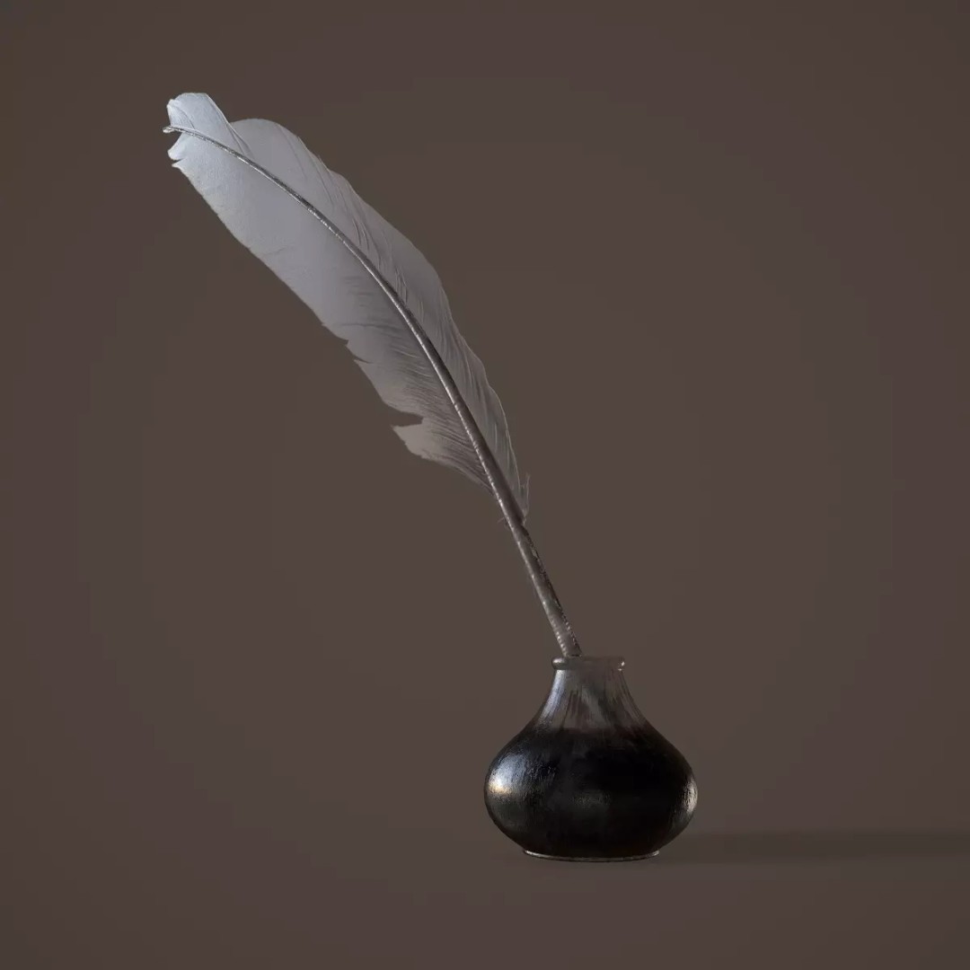 Quill and Glass Inkpot 3D Model – Low Poly PBR Game Asset, FBX - View 2