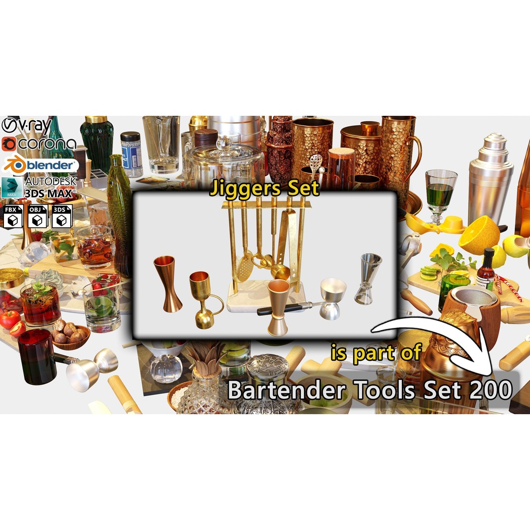 Bartender Tools Set 3D Model – Detailed Kitchenware Collection, FBX, OBJ - View 3