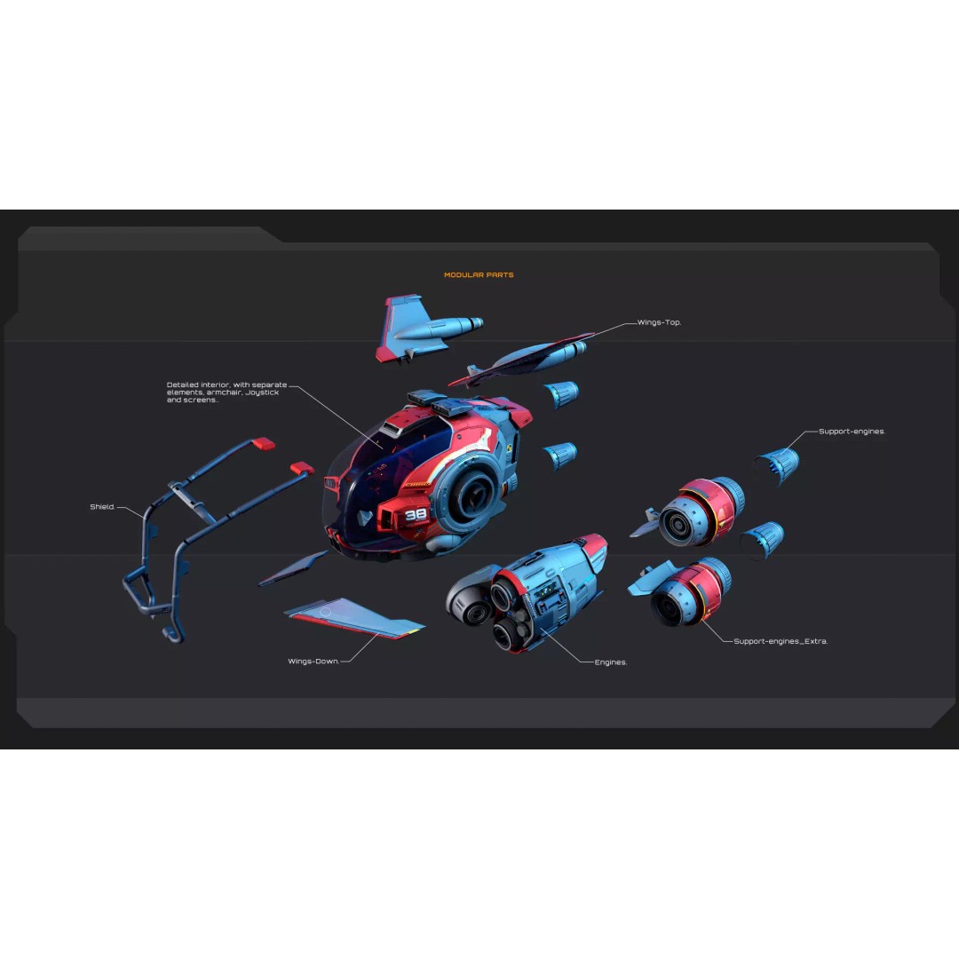 Modular SCARAB Starfighter 3D Model – Low Poly Sci-Fi Spacecraft, FBX - View 9