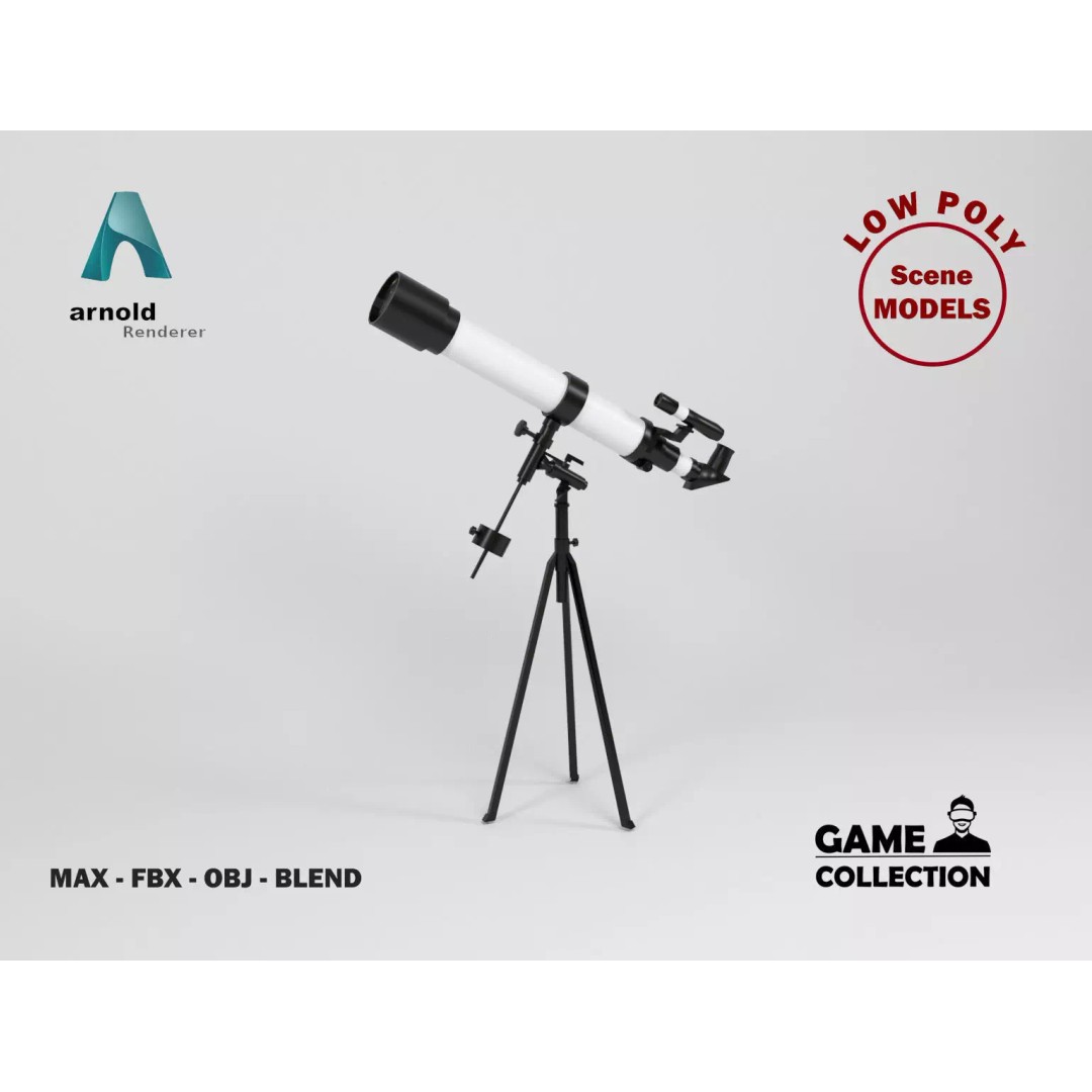 Telescope 3D Model – Low Poly Game Asset, FBX, OBJ, Blender - View 2