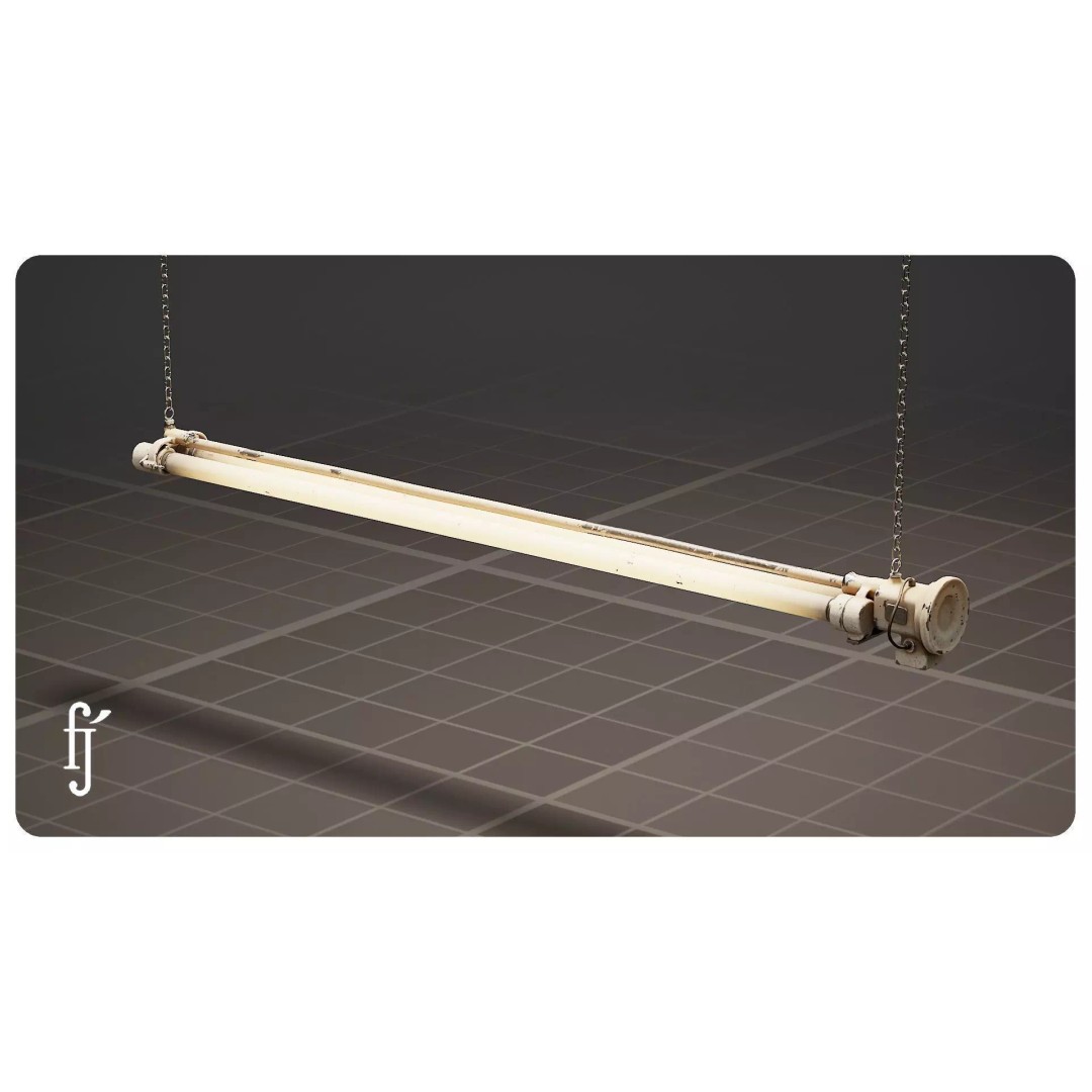 Vintage Fluorescent Ceiling Lamp 3D Model – High Poly PBR Asset, FBX - View 2