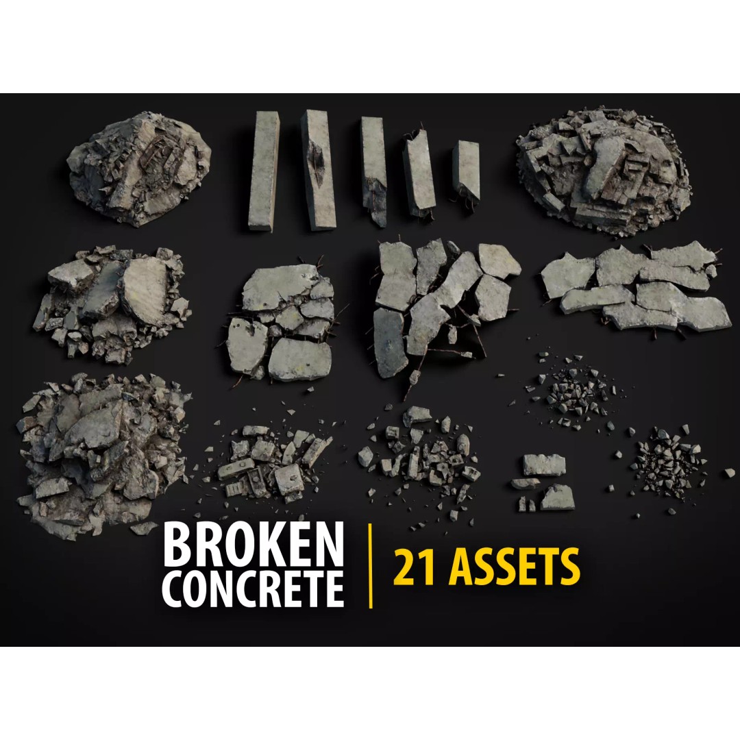Broken Concrete Rubble Pack 3D Model – Low Poly Game Ready Assets, PBR - View 2