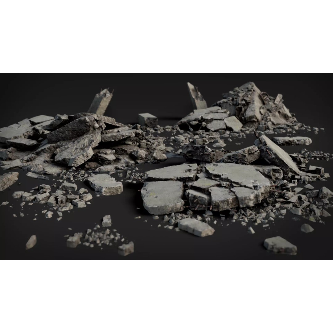 Broken Concrete Rubble Pack 3D Model – Low Poly Game Ready Assets, PBR - View 3