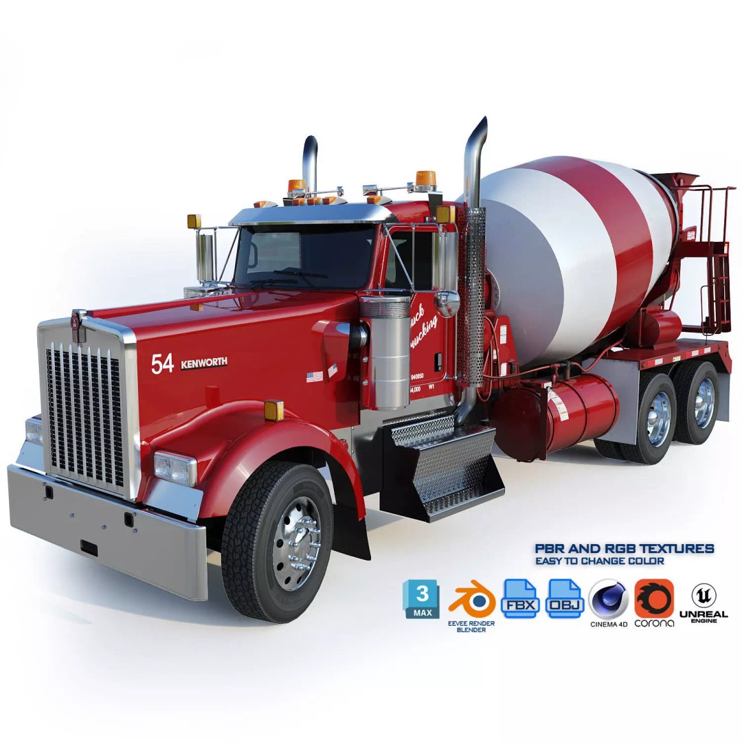 Kenworth W900 Concrete Mixer 3D Model – Low Poly Game Ready, FBX - View 2