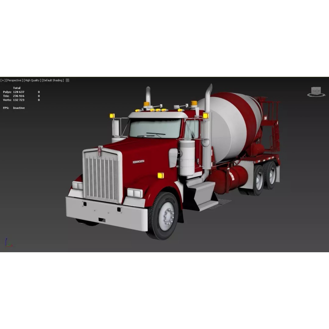 Kenworth W900 Concrete Mixer 3D Model – Low Poly Game Ready, FBX - View 67