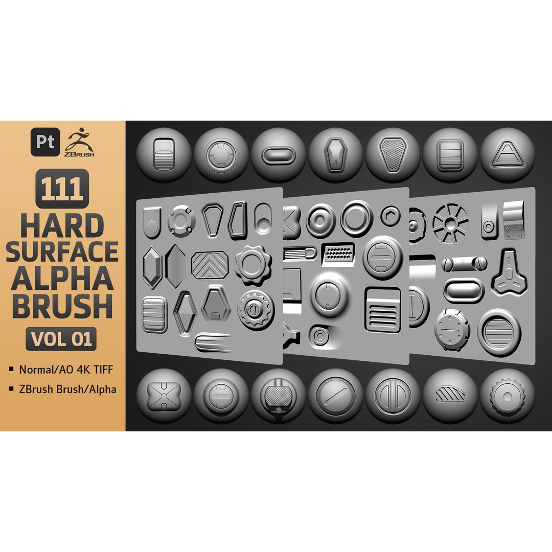 Hard Surface Alpha Brush 3D Model – 111 High-Quality Alphas, ZBrush - View 3