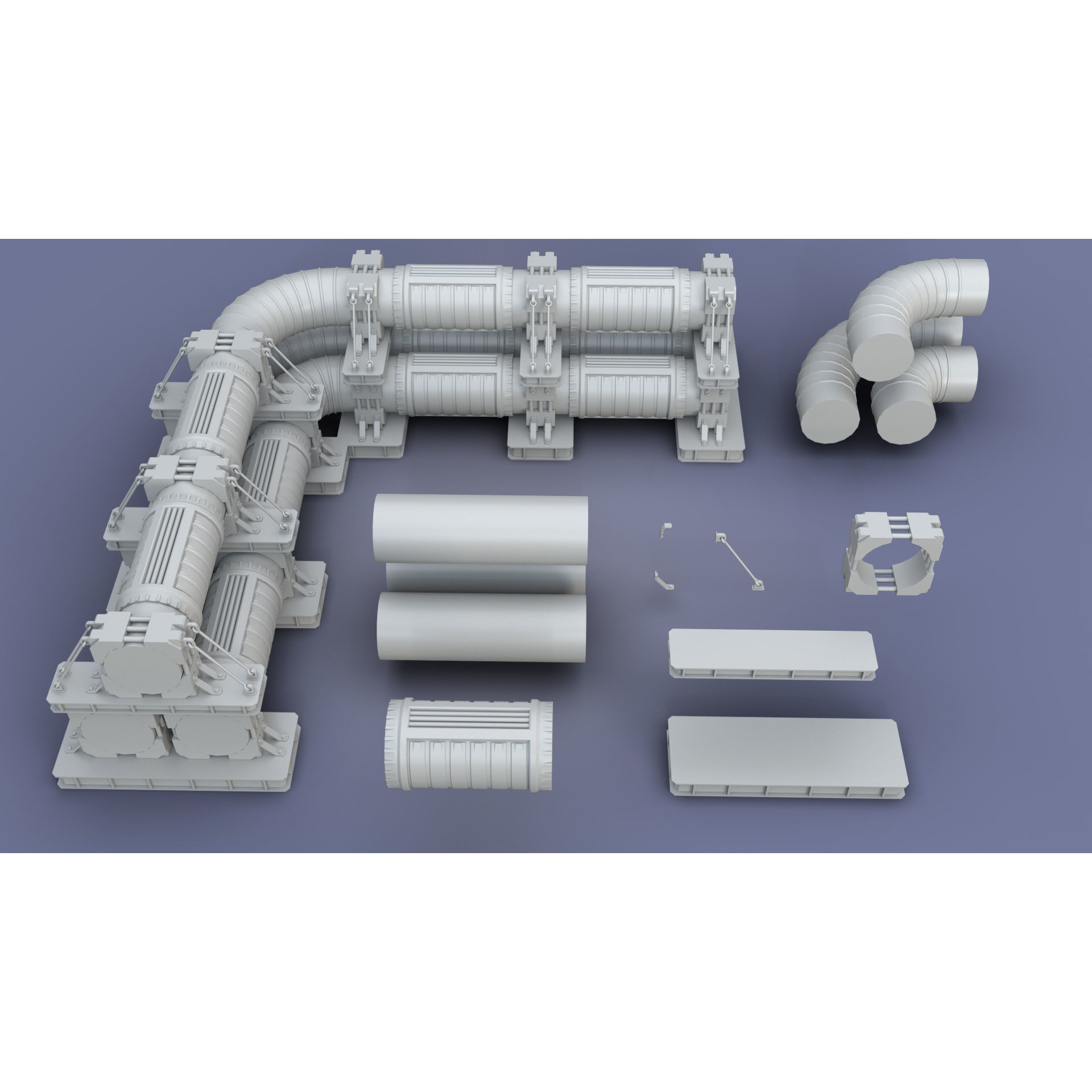 Industrial Modular Low Poly Tubes - Low-Poly Game-Ready 3D Model - View 3