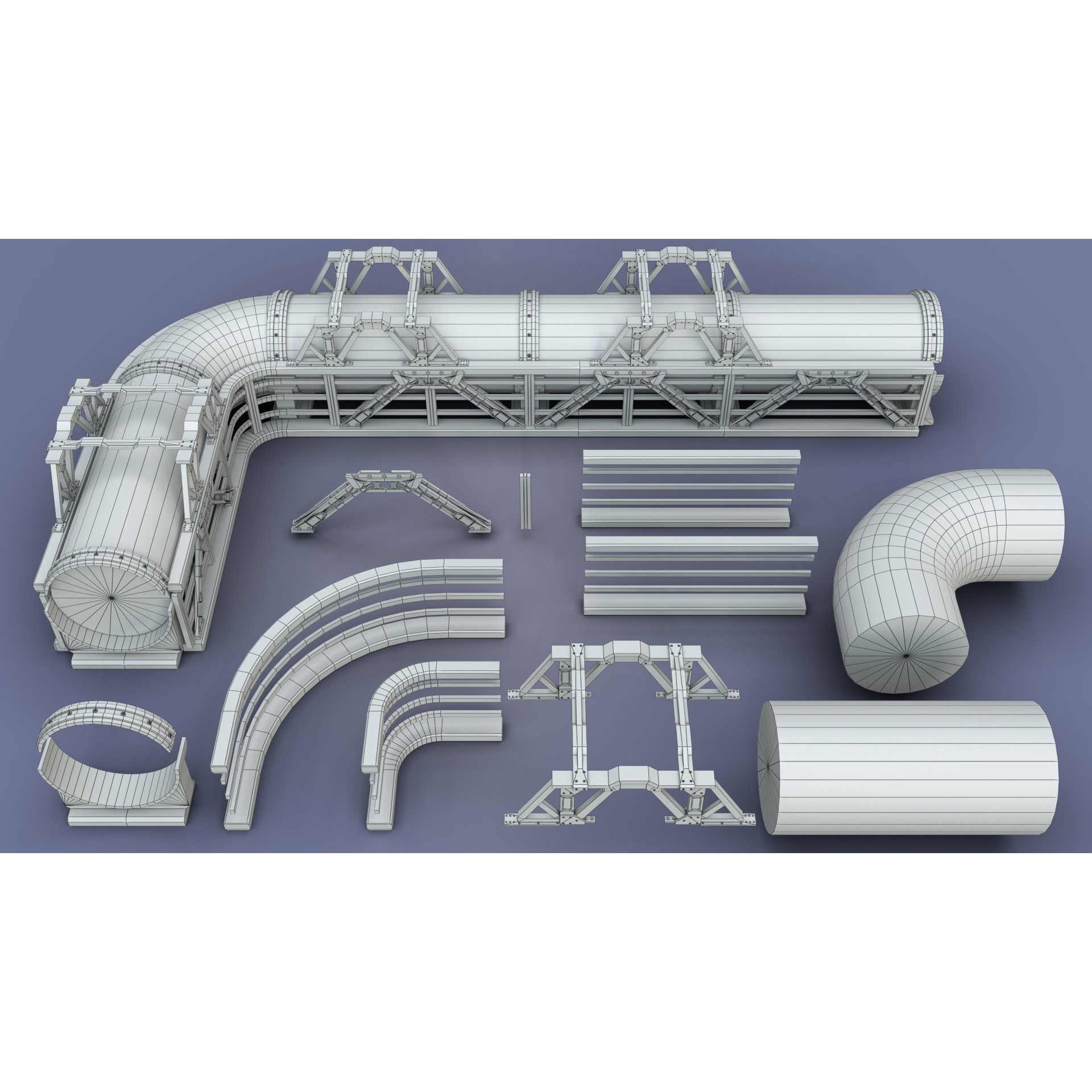Industrial Modular Low Poly Tubes - Low-Poly Game-Ready 3D Model - View 8