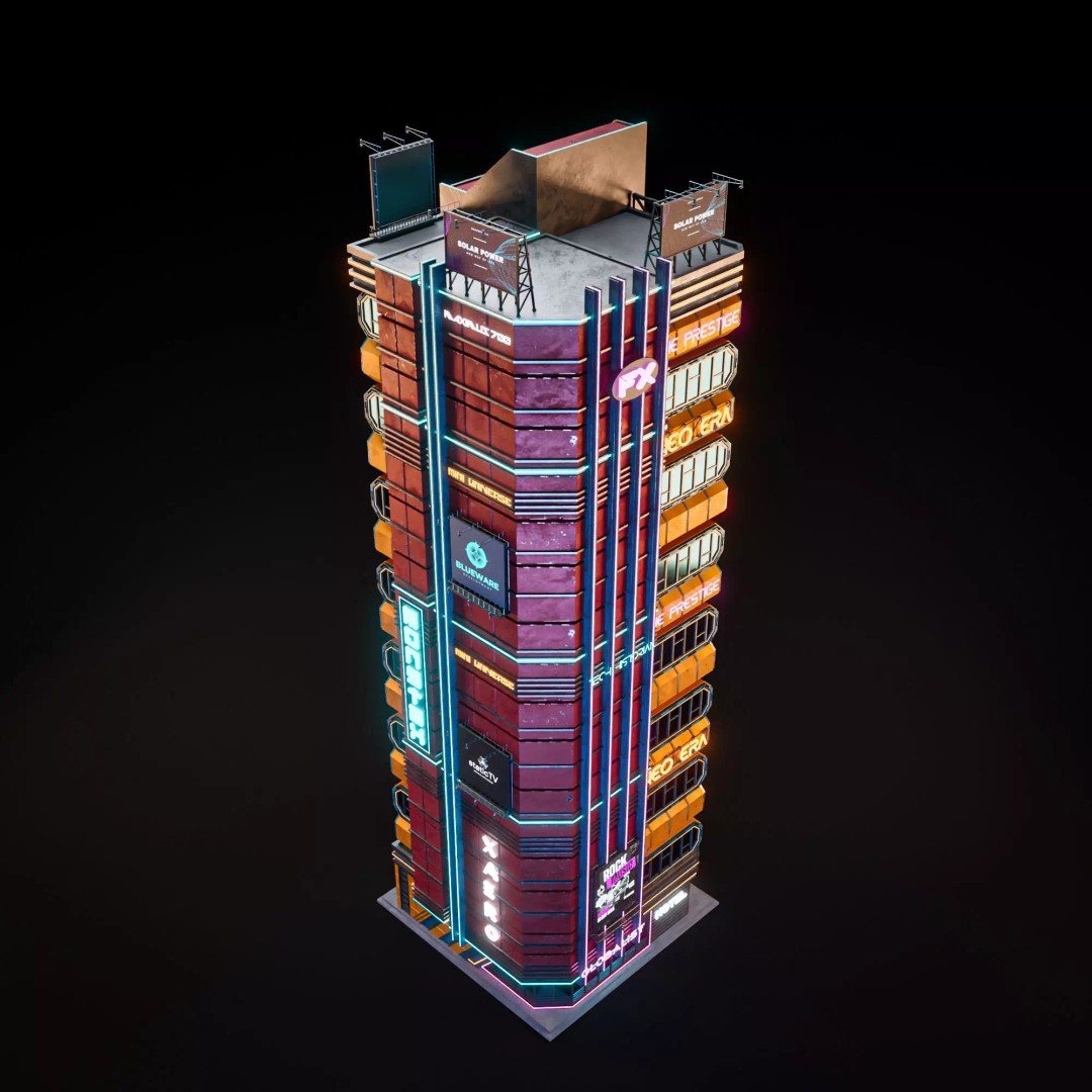 Futuristic Neon Skyscraper 3D Model – Low Poly PBR Asset for Unreal Engine and Blender - View 10