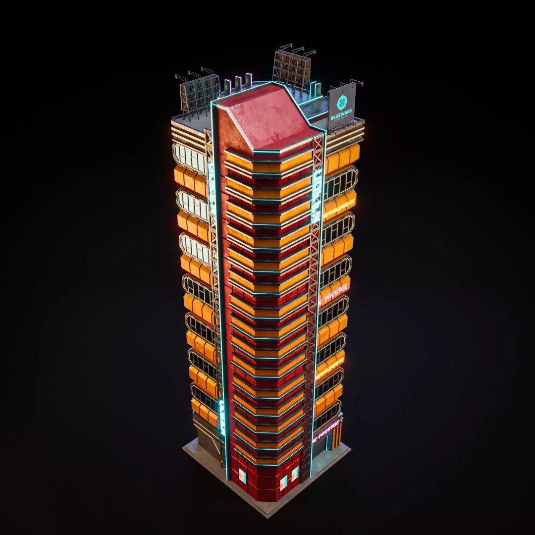 Futuristic Neon Skyscraper 3D Model – Low Poly PBR Asset for Unreal Engine and Blender - View 11