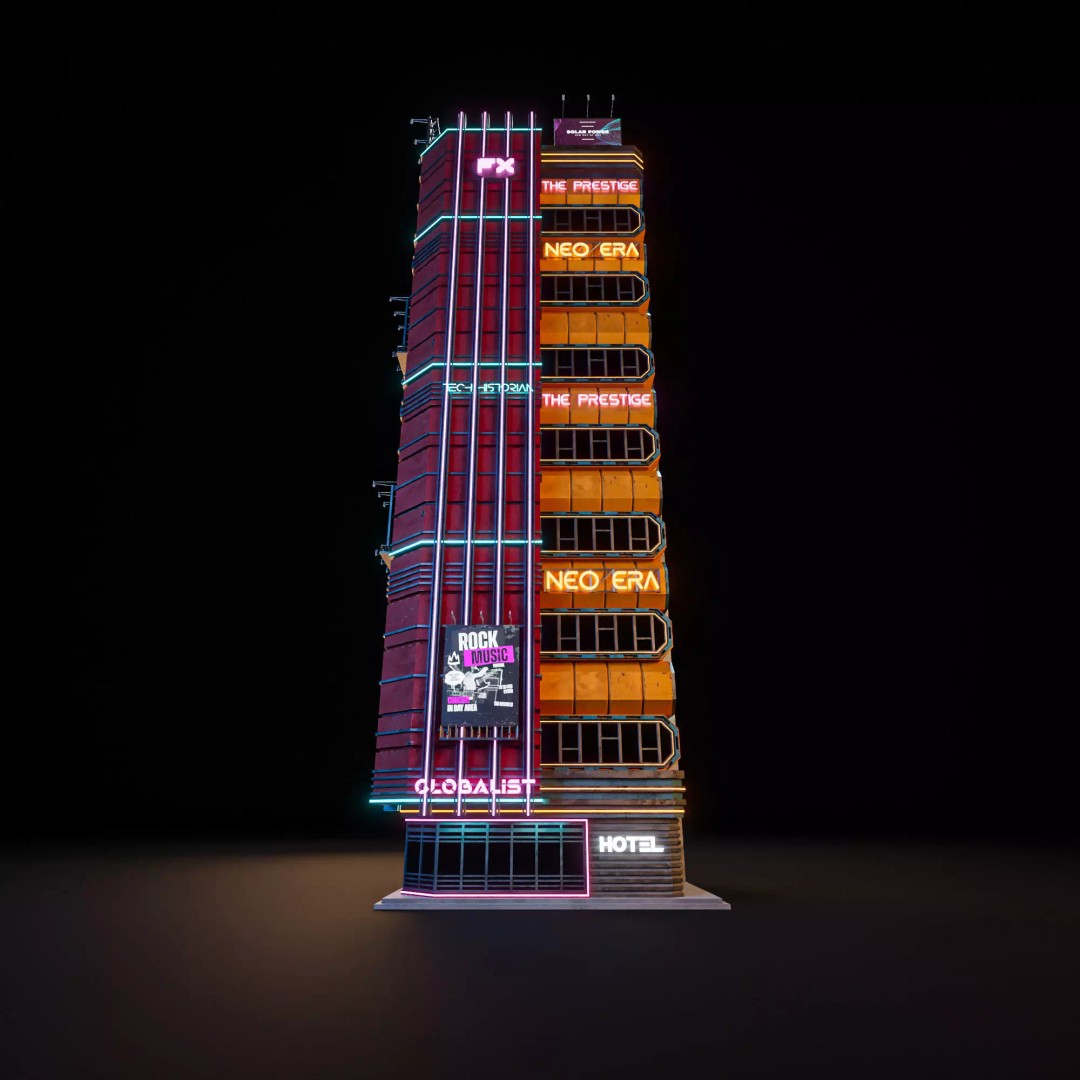 Futuristic Neon Skyscraper 3D Model – Low Poly PBR Asset for Unreal Engine and Blender - View 2