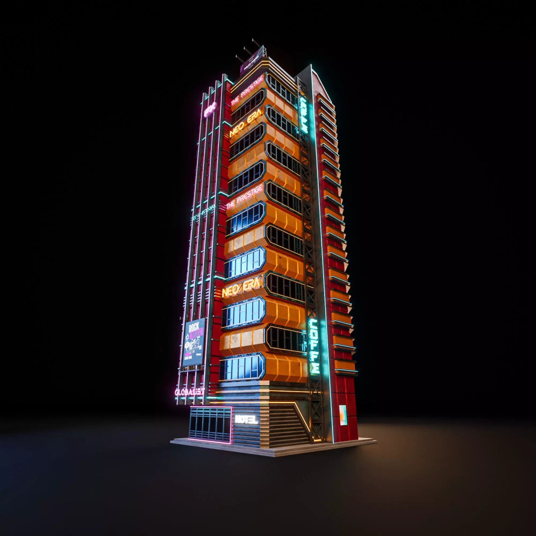 Futuristic Neon Skyscraper 3D Model – Low Poly PBR Asset for Unreal Engine and Blender - View 3