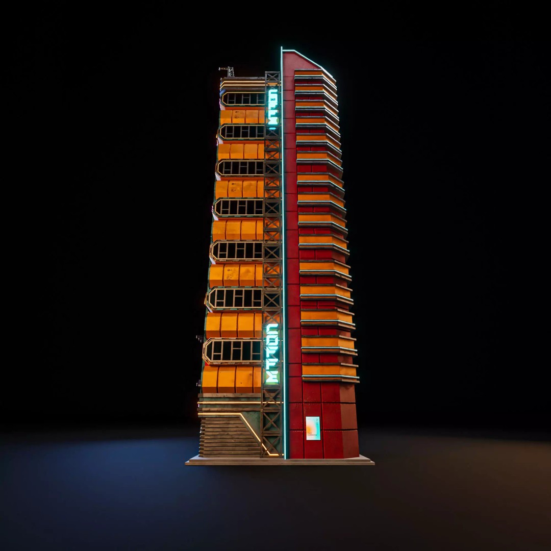 Futuristic Neon Skyscraper 3D Model – Low Poly PBR Asset for Unreal Engine and Blender - View 4