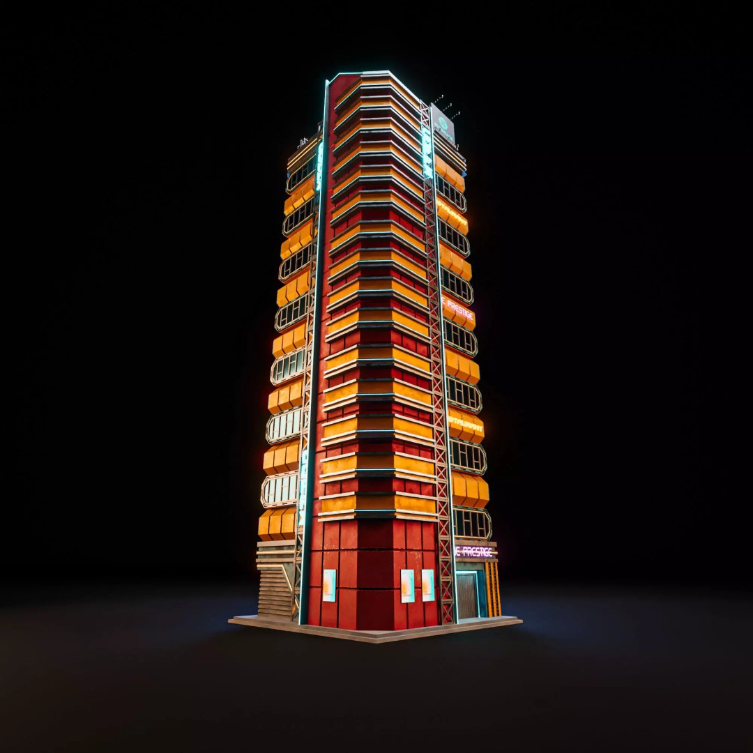 Futuristic Neon Skyscraper 3D Model – Low Poly PBR Asset for Unreal Engine and Blender - View 5