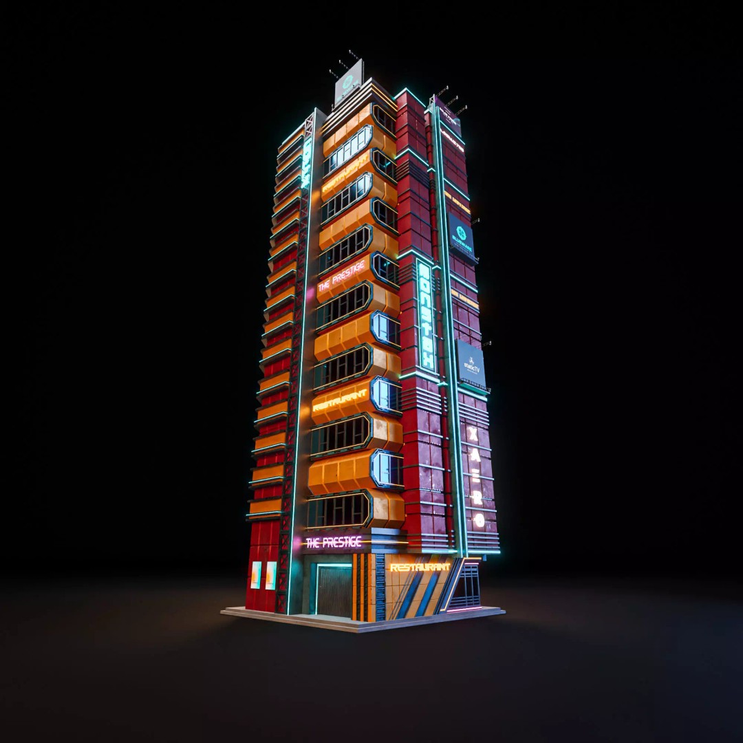Futuristic Neon Skyscraper 3D Model – Low Poly PBR Asset for Unreal Engine and Blender - View 7