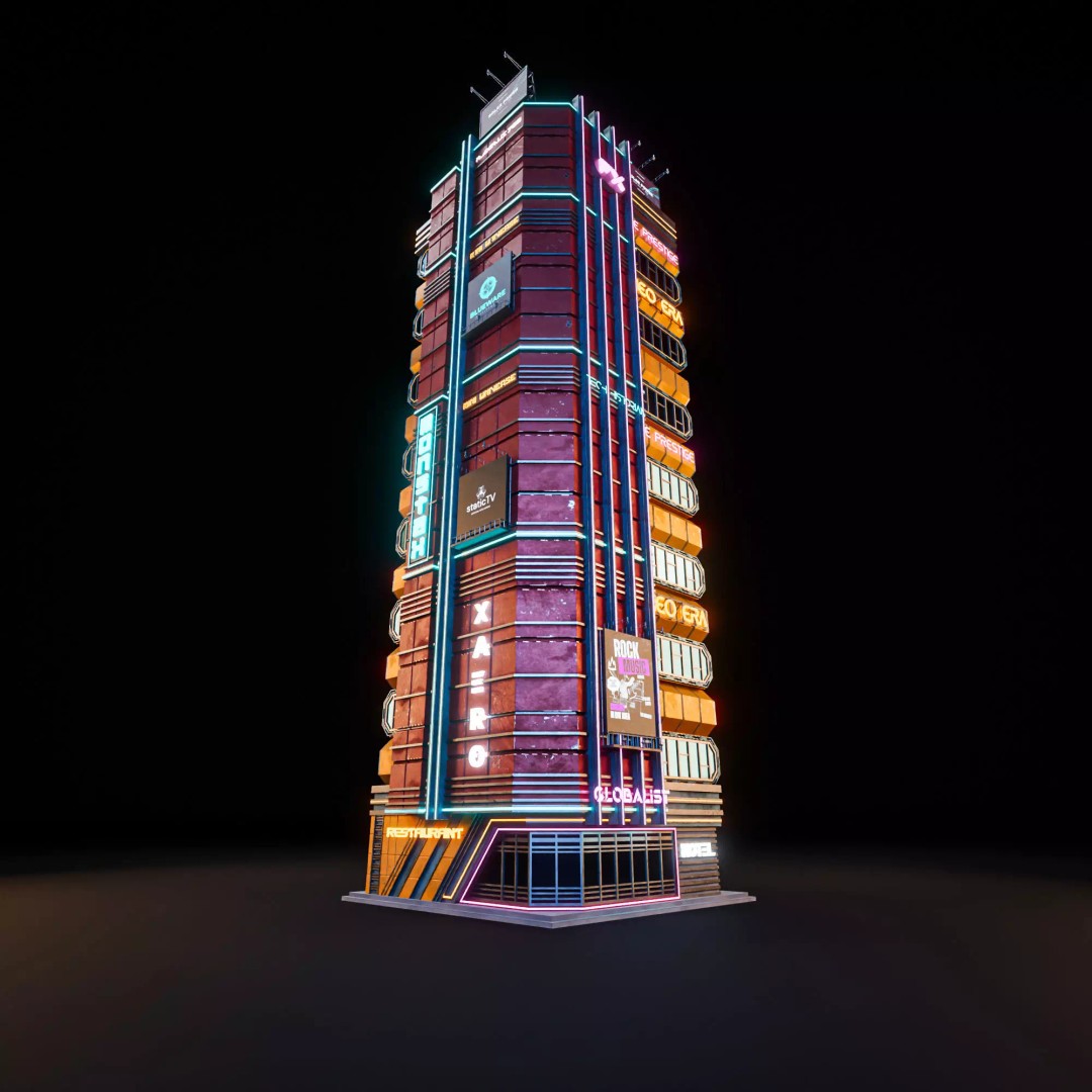 Futuristic Neon Skyscraper 3D Model – Low Poly PBR Asset for Unreal Engine and Blender - View 9
