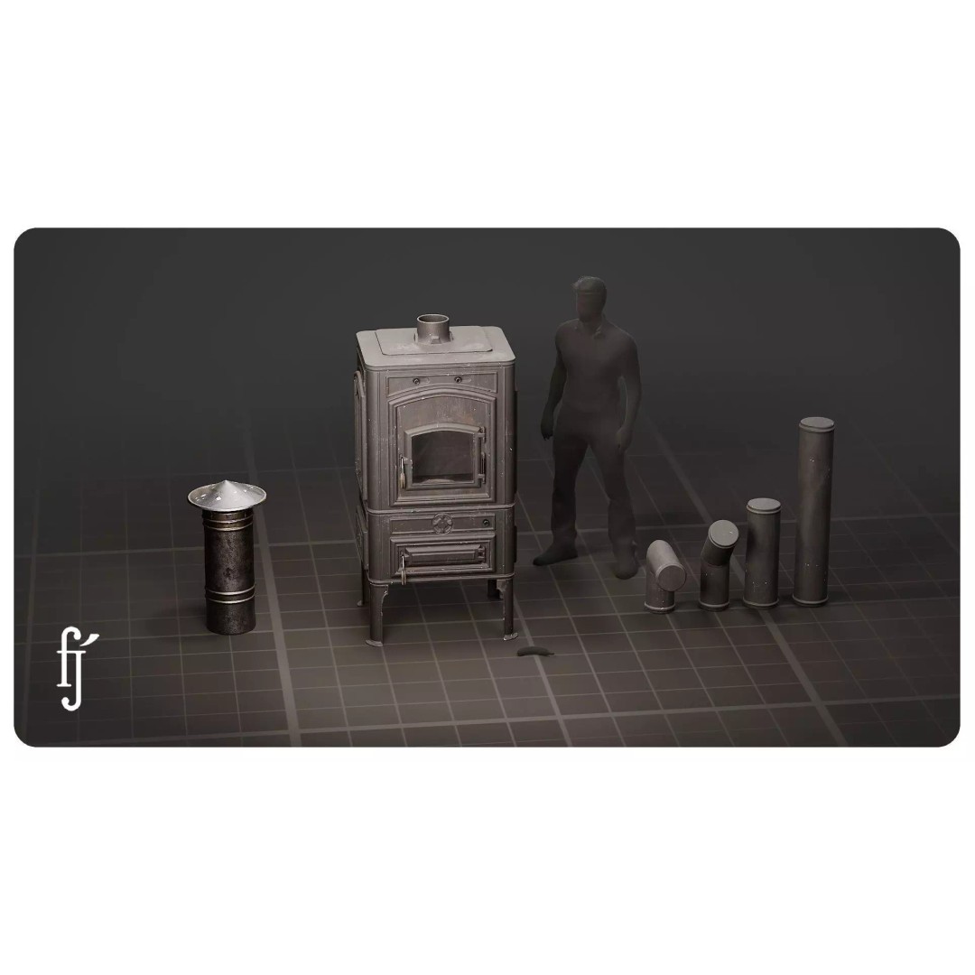 Modular Vintage Cast Iron Wood Stove 3D Model – High Poly PBR Asset, FBX