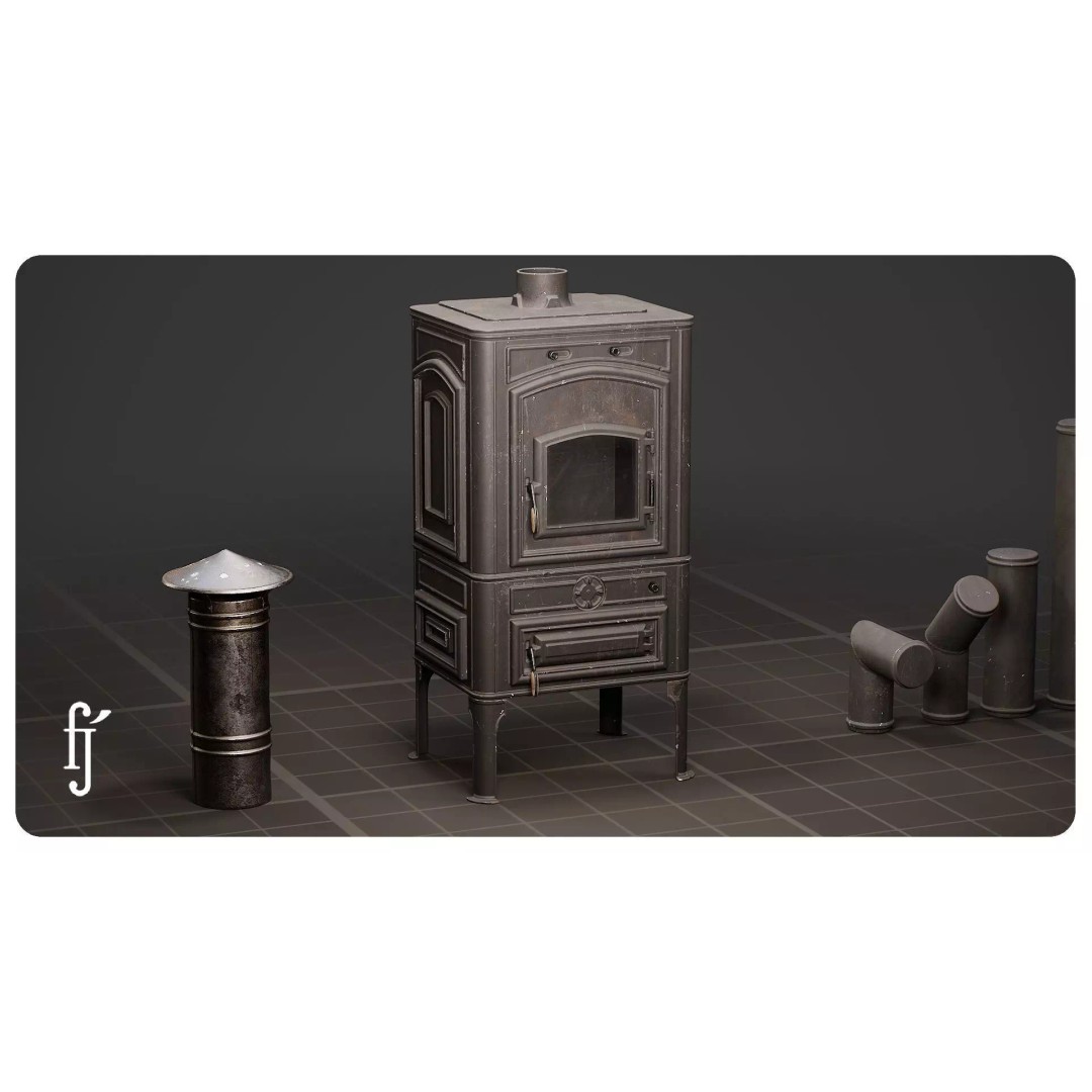 Modular Vintage Cast Iron Wood Stove 3D Model – High Poly PBR Asset, FBX - View 3