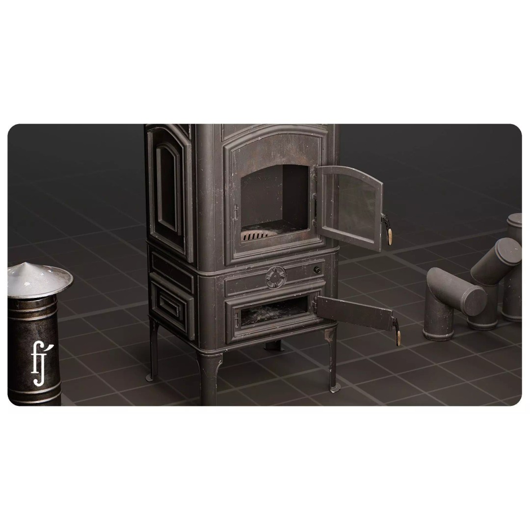 Modular Vintage Cast Iron Wood Stove 3D Model – High Poly PBR Asset, FBX - View 8