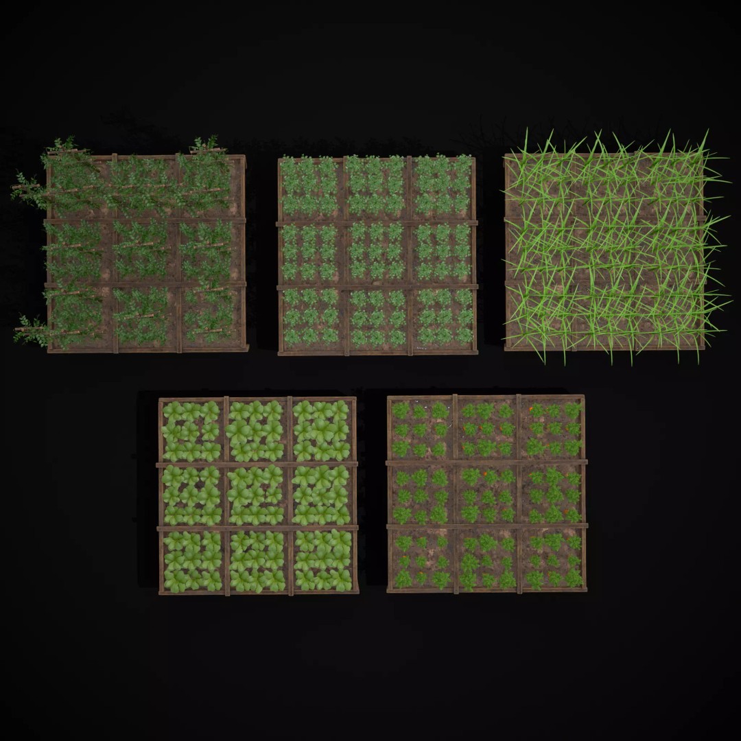 Square Planting Plots Vegetables 3D Model – Low Poly Game Ready, FBX & OBJ - View 4