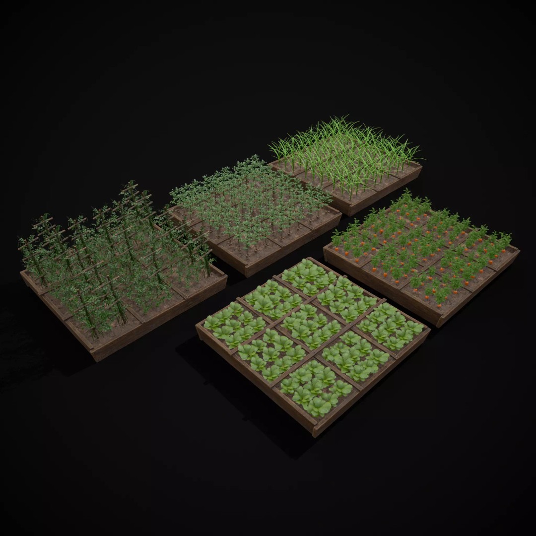 Square Planting Plots Vegetables 3D Model – Low Poly Game Ready, FBX & OBJ - View 6