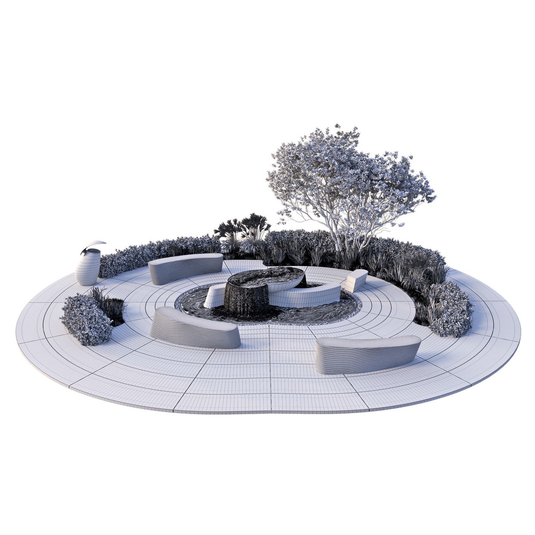 Park Square 3D Model – Architectural Design with Waterfalls, FBX & OBJ - View 14