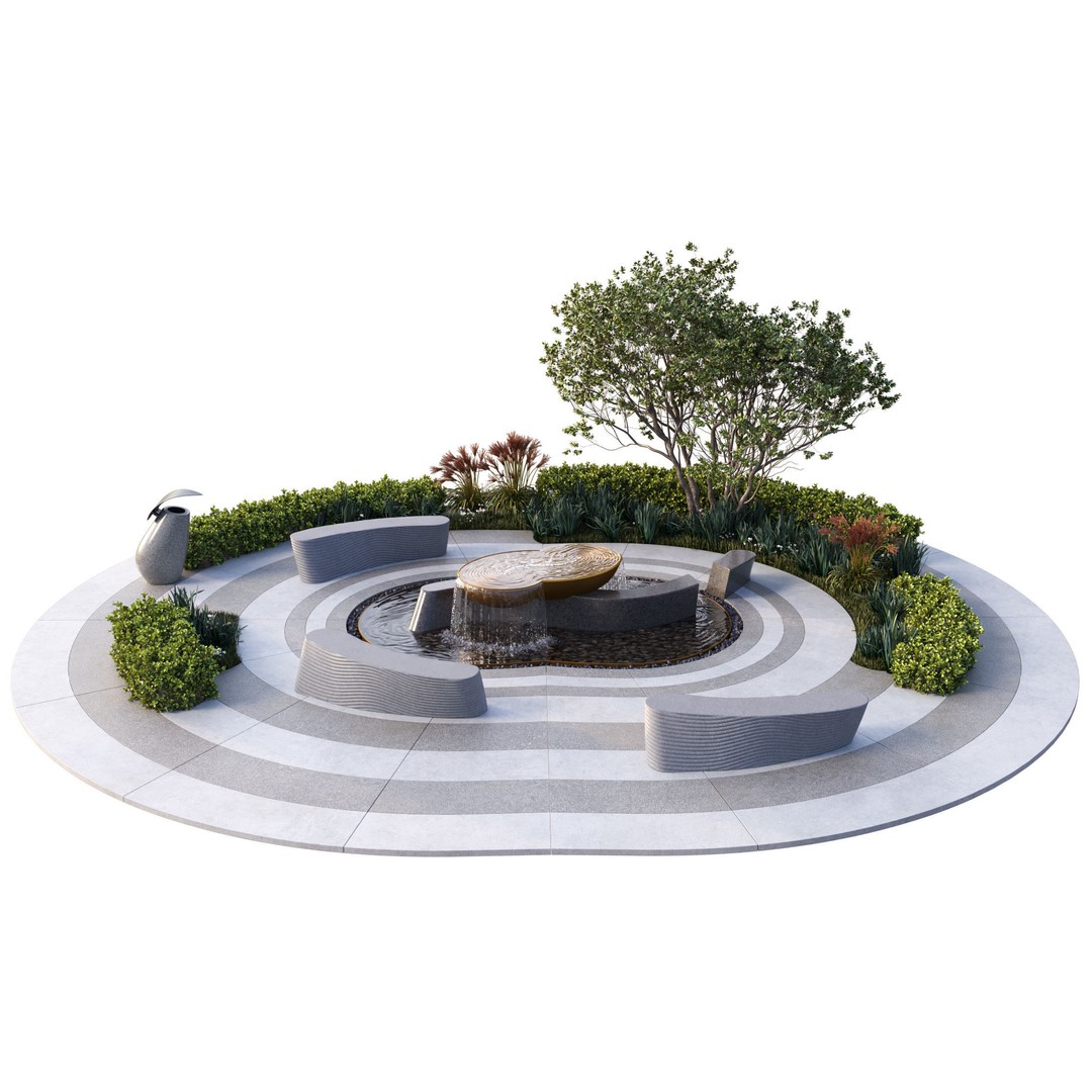 Park Square 3D Model – Architectural Design with Waterfalls, FBX & OBJ - View 3