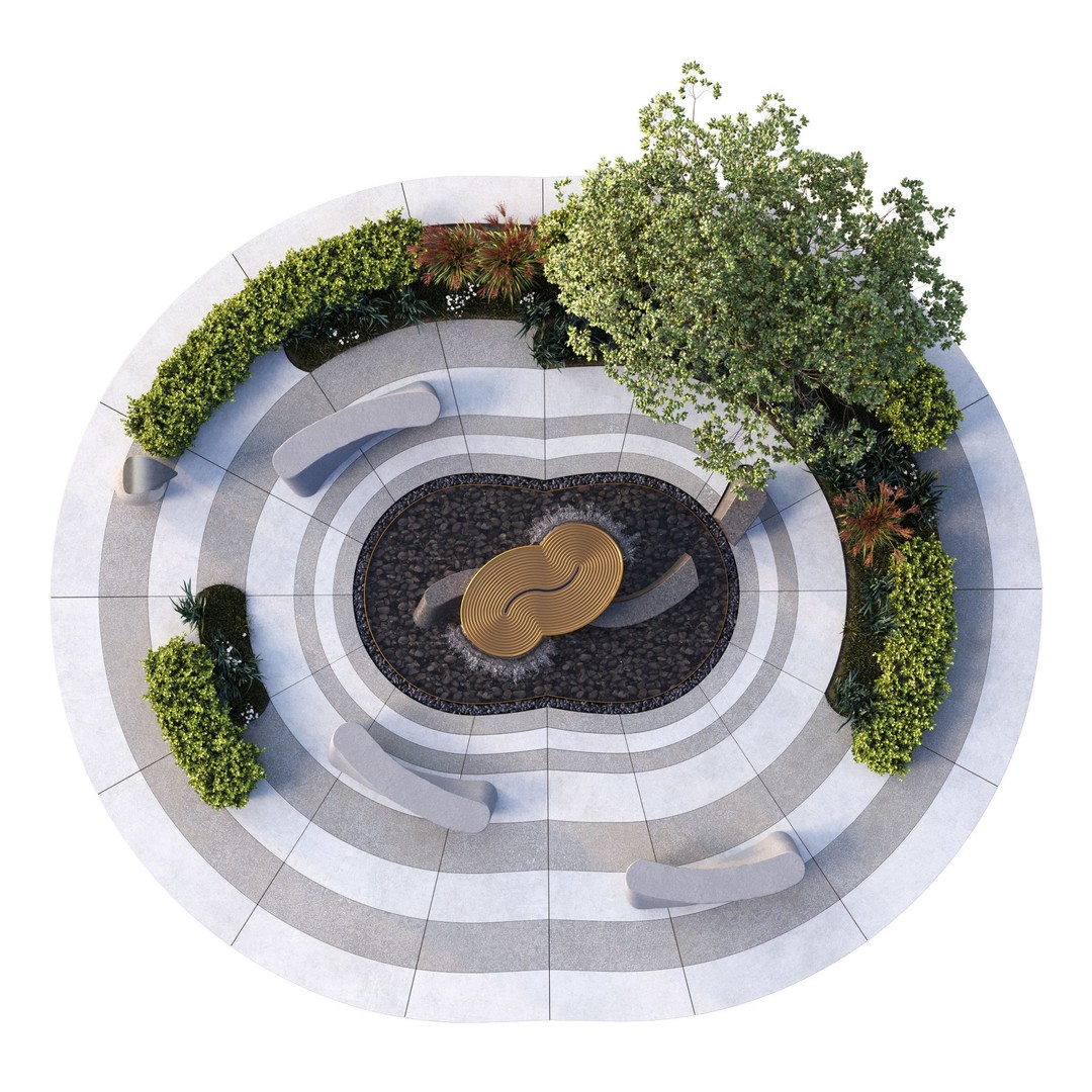 Park Square 3D Model – Architectural Design with Waterfalls, FBX & OBJ - View 5