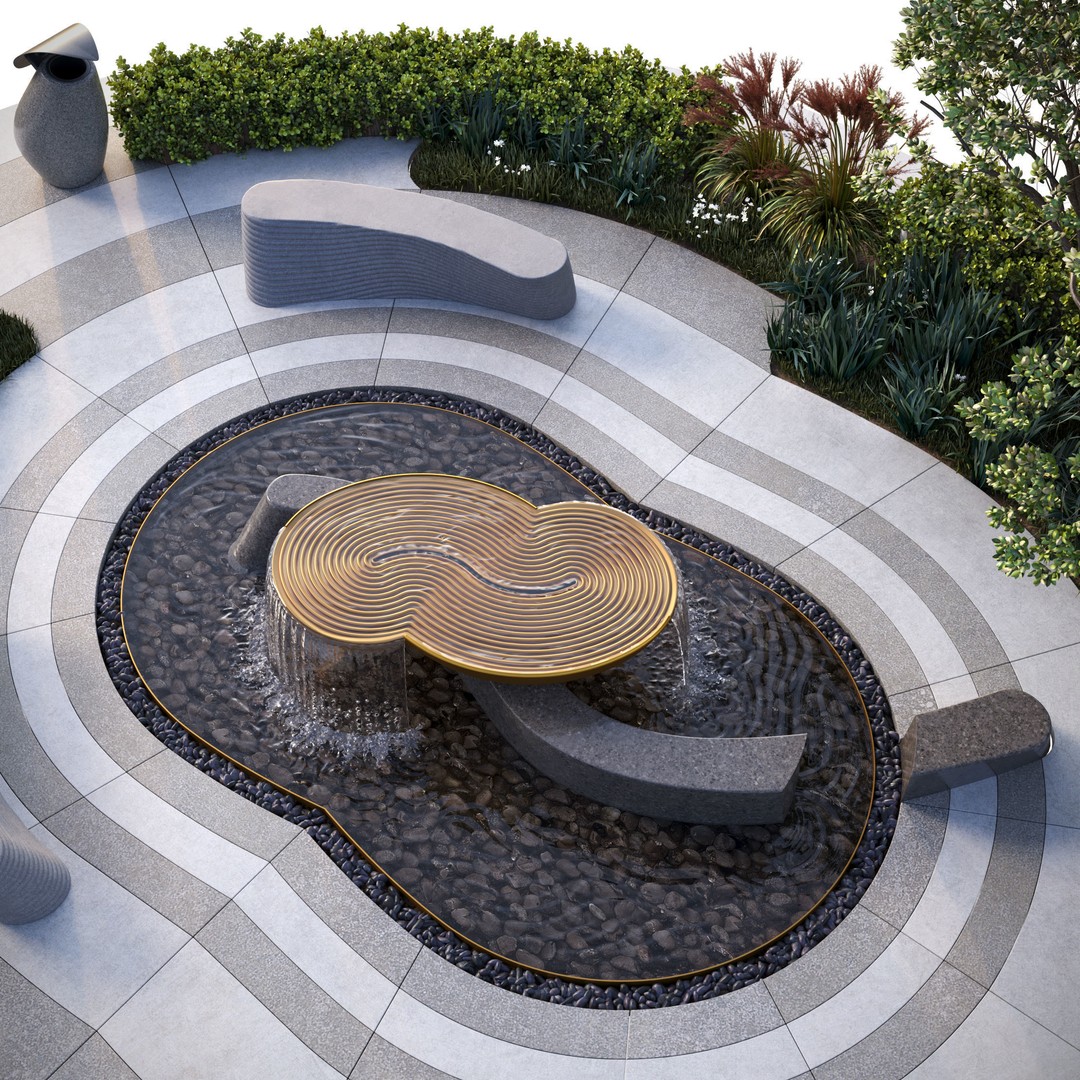 Park Square 3D Model – Architectural Design with Waterfalls, FBX & OBJ - View 7