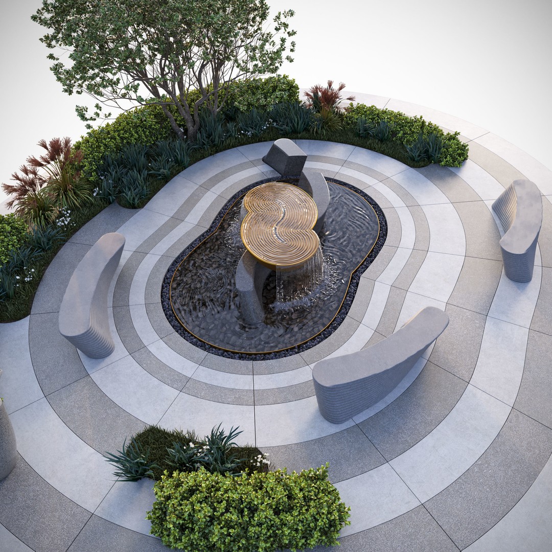 Park Square 3D Model – Architectural Design with Waterfalls, FBX & OBJ - View 8