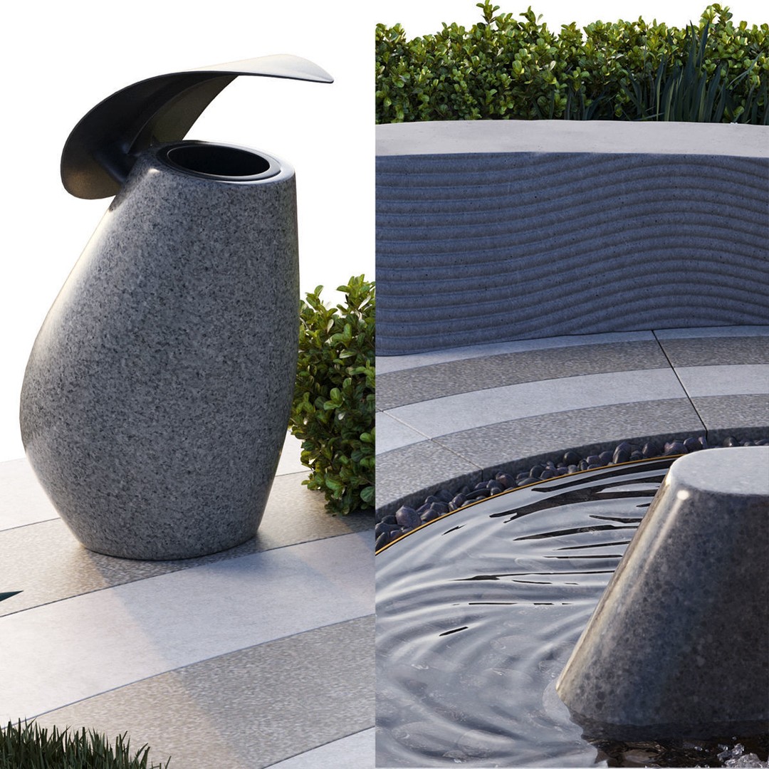 Park Square 3D Model – Architectural Design with Waterfalls, FBX & OBJ - View 9
