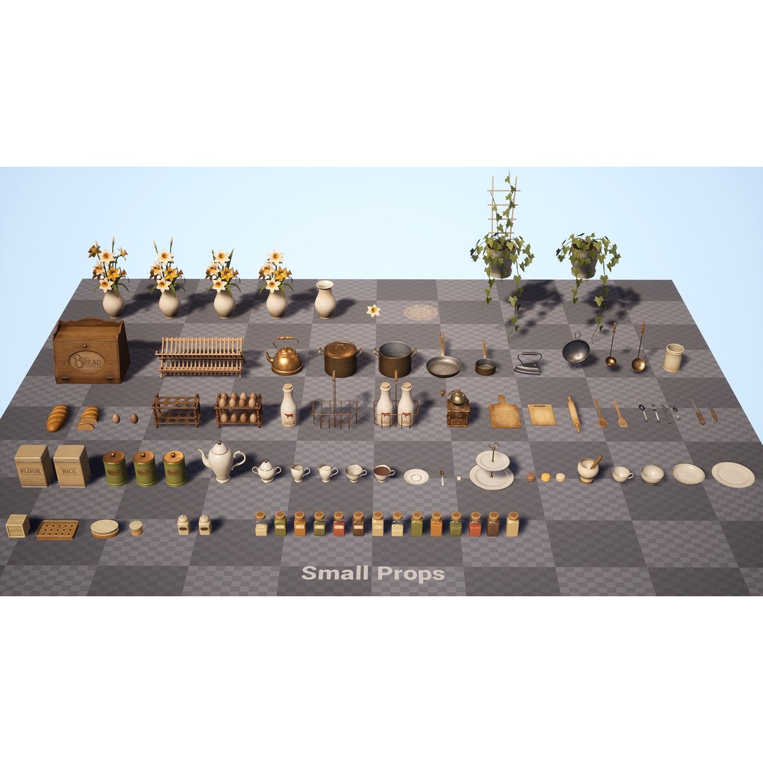 Victorian Kitchen Props Pack 3D Model – Low Poly PBR Game Asset, FBX, Unity