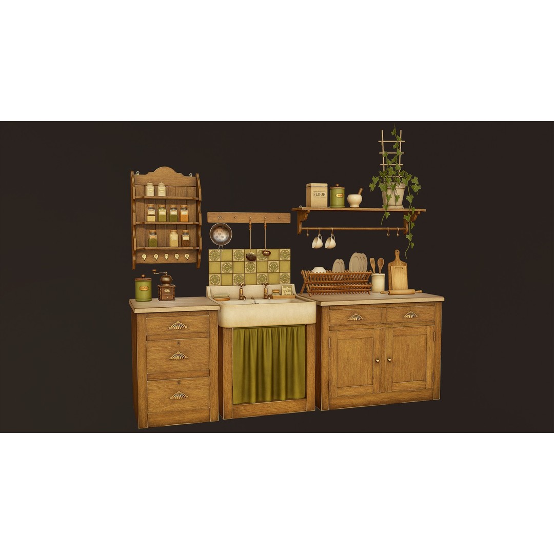 Victorian Kitchen Props Pack 3D Model – Low Poly PBR Game Asset, FBX, Unity - View 3