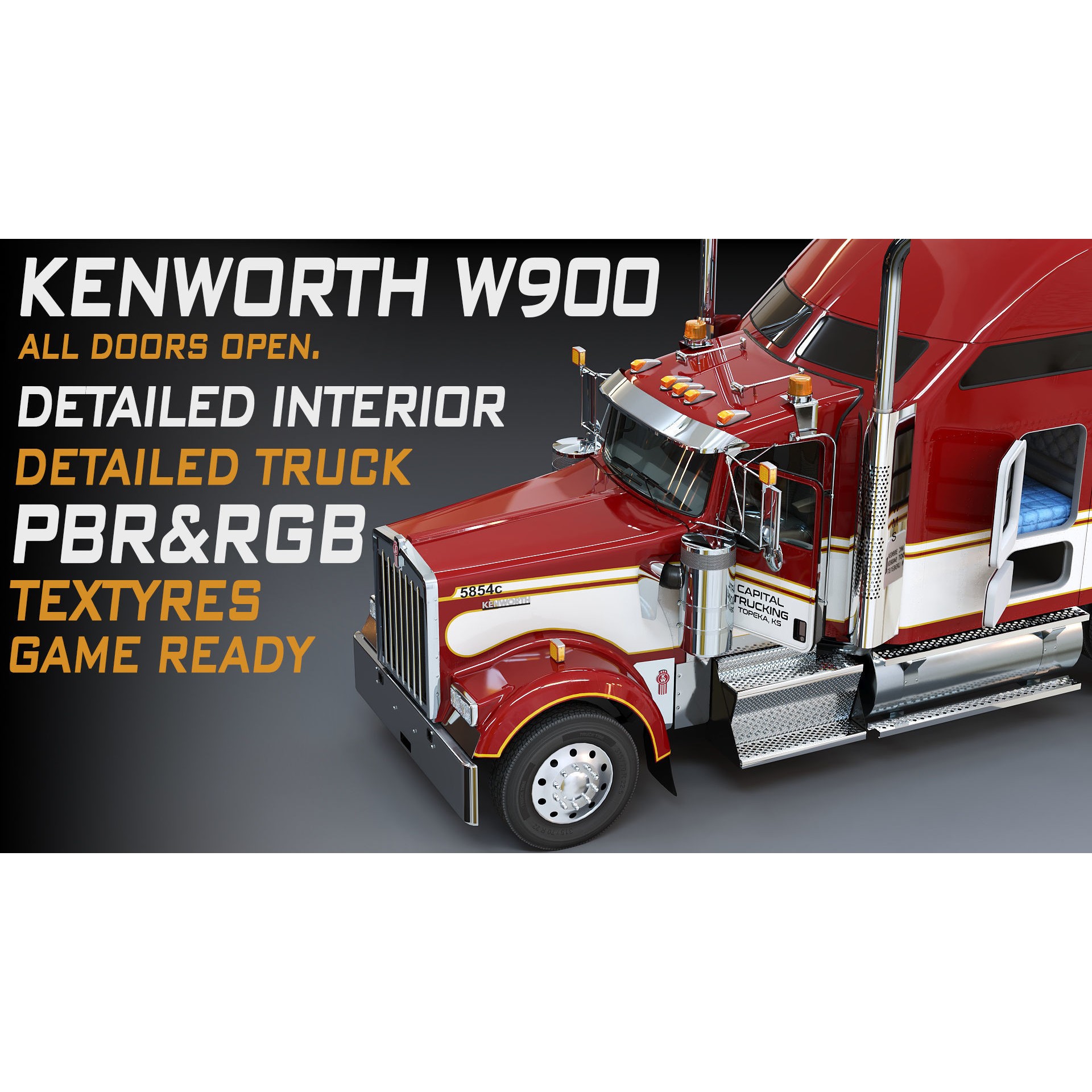 Kenworth W900 Sleeper - Low-Poly Game-Ready 3D Model - View 3