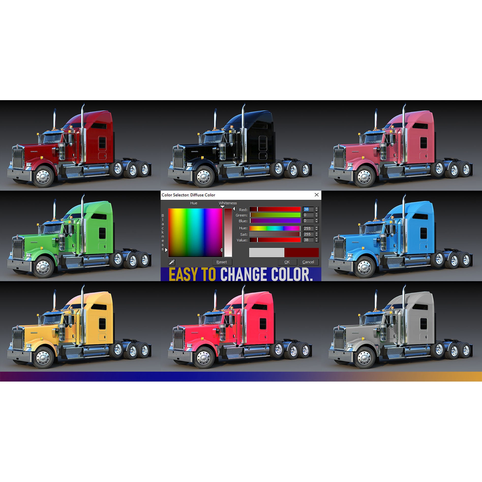 Kenworth W900 Sleeper - Low-Poly Game-Ready 3D Model - View 58