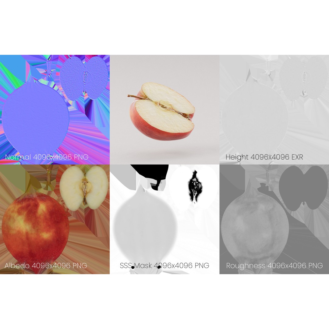 Half Cut Red Apple 3D Model – Realistic PBR Asset, FBX, OBJ, C4D