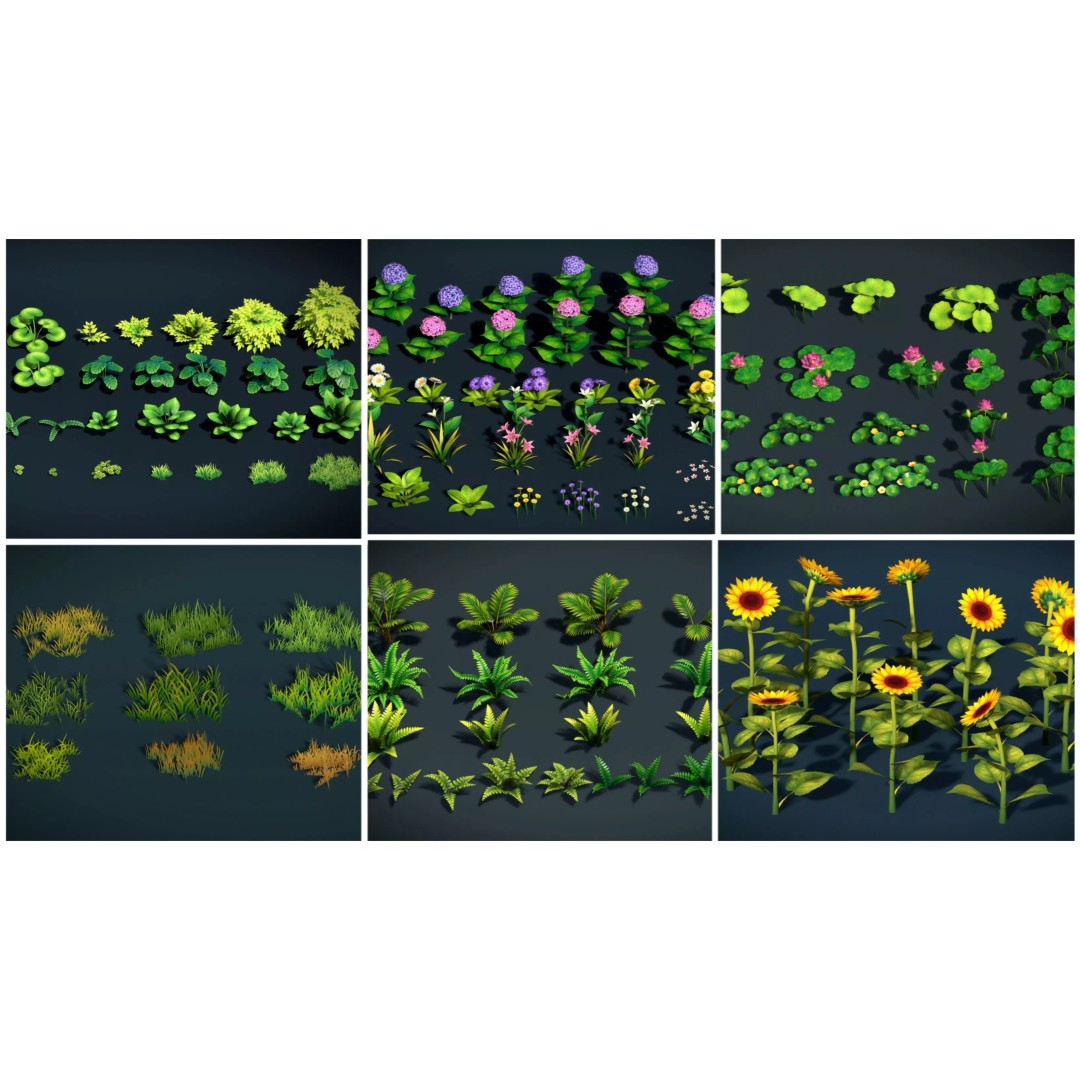 Stylized Plants 3D Model – Low Poly Foliage Collection, FBX - View 2