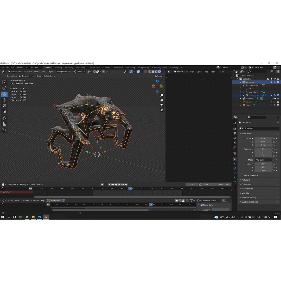Kaiju Creature 3D Model – Low Poly Rigged Monster with Animations - View 24