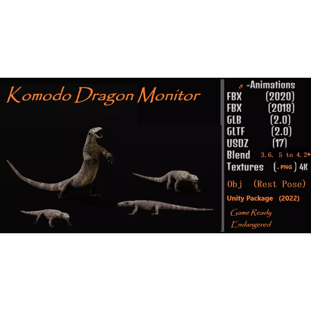 Komodo Dragon 3D Model – Low Poly Game Ready, FBX, Blender - View 2
