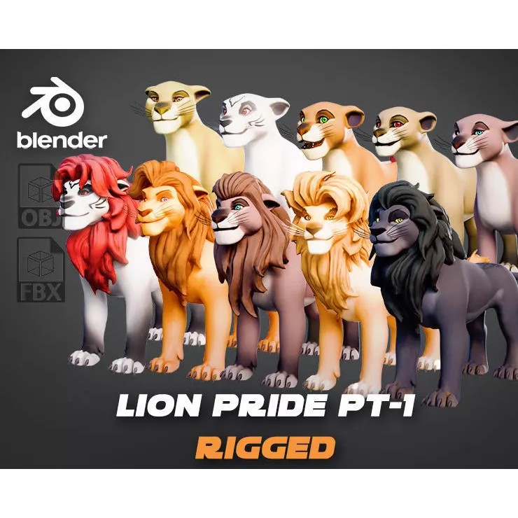 Lion Pride Pack 3D Model – Stylized Rigged Characters, FBX - View 2