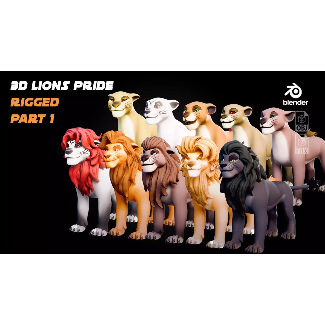 Lion Pride Pack 3D Model – Stylized Rigged Characters, FBX - View 3