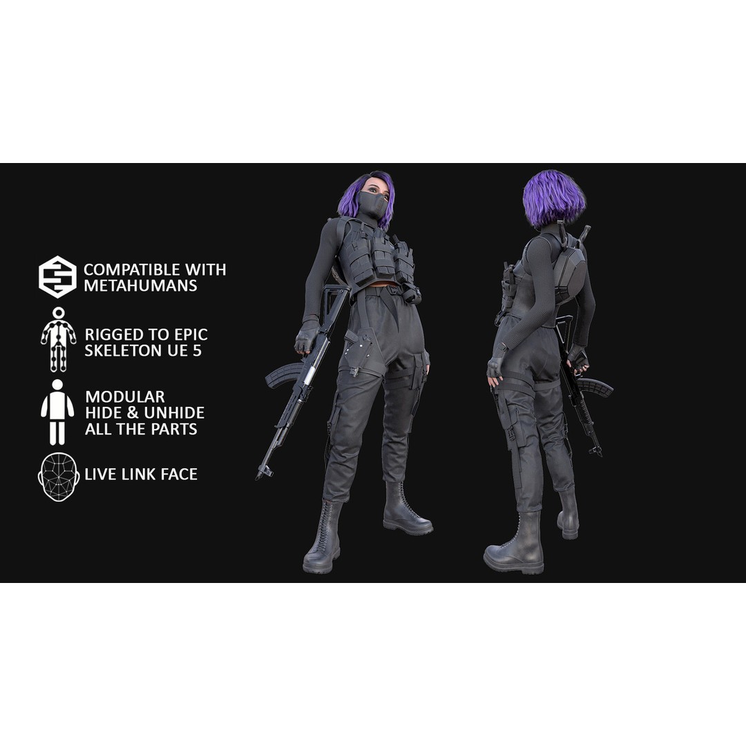 Realistic Military Woman 3D Model – Rigged Low-Poly Character for Unreal Engine - View 4