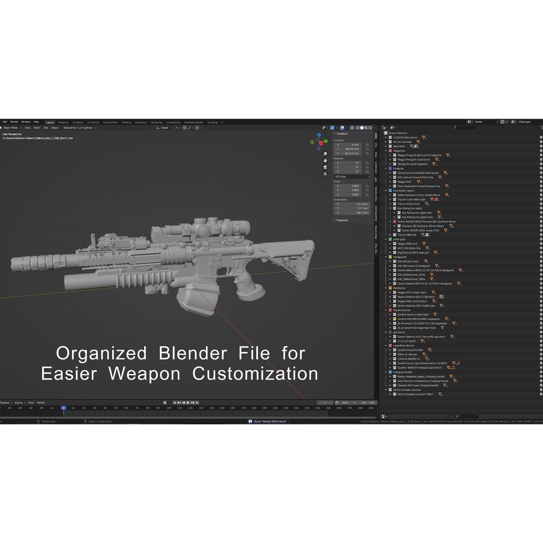 M4A1 3D Model – Low Poly Game Ready Asset, FBX & Blender - View 11