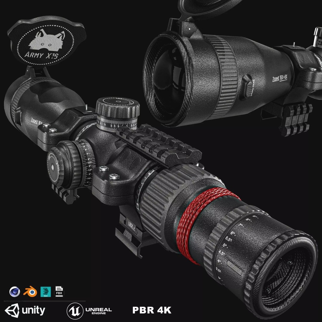 Rifle 16X Scope 3D Model – Low Poly PBR Game Asset, FBX & More - View 2