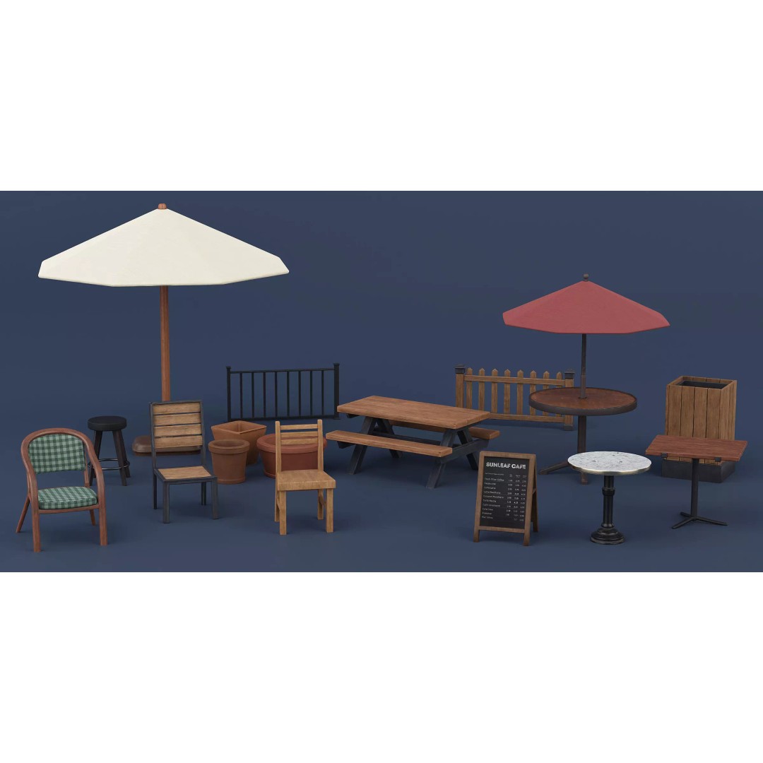 Stylized Patio Pack 3D Model – Cafe and Restaurant Theme, PBR Textures - View 2