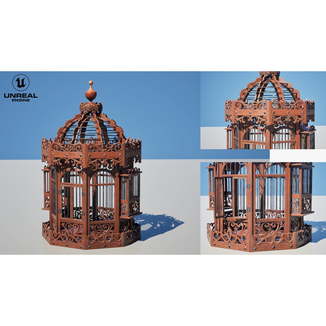 Birdcage 3D Model – Low Poly Antique Wooden Game Asset, PBR - View 14