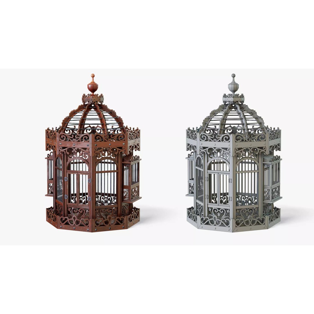 Birdcage 3D Model – Low Poly Antique Wooden Game Asset, PBR - View 2