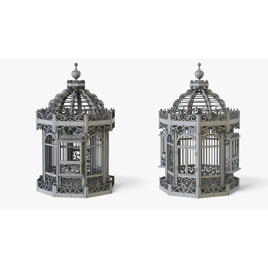 Birdcage 3D Model – Low Poly Antique Wooden Game Asset, PBR - View 3